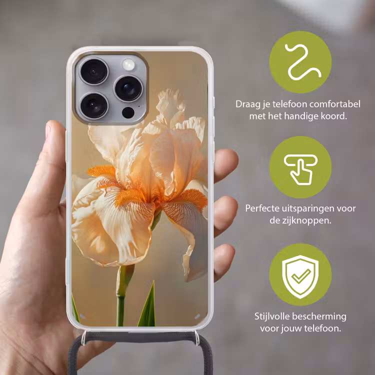 Close up - Oranje - Iris Hoesje iPhone 16 Pro Max met koord klein -sfeer2_NL