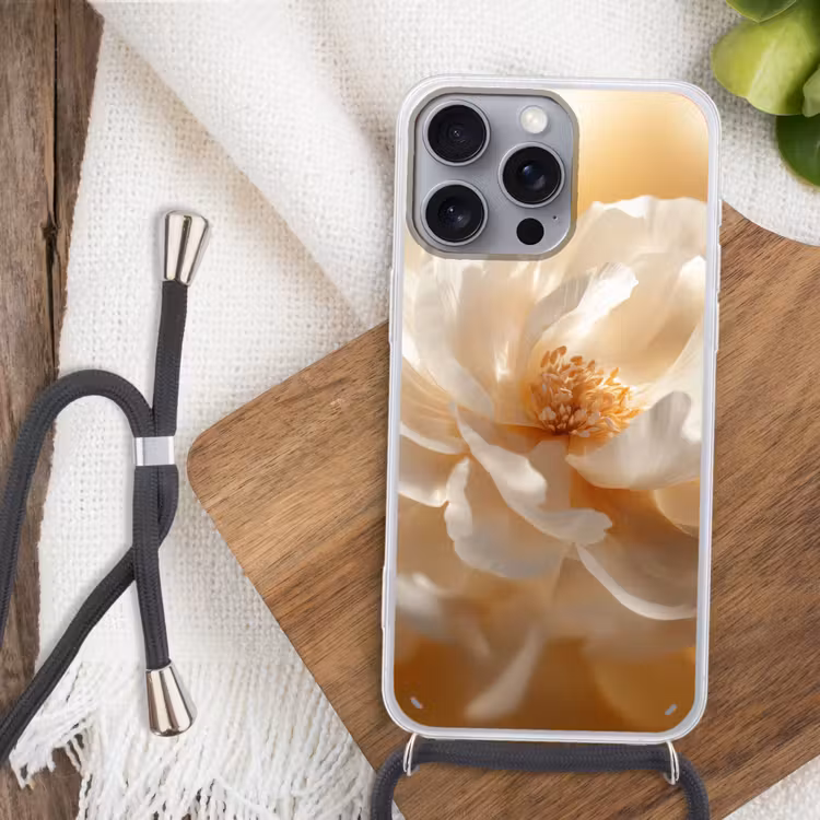 Close up - Pioenroos - Wit Hoesje iPhone 16 Pro Max met koord klein -sfeer4