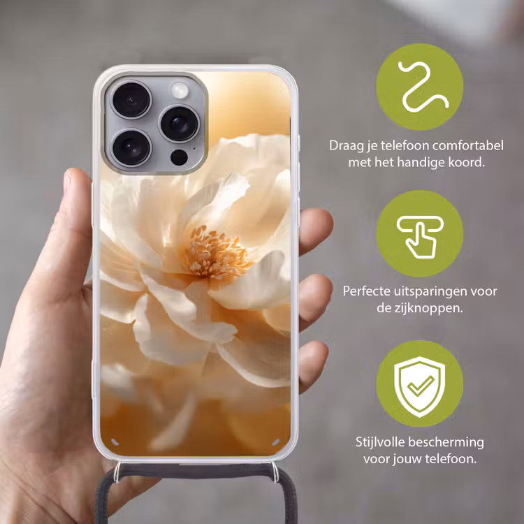 Close up - Pioenroos - Wit Hoesje iPhone 16 Pro Max met koord klein -sfeer2_NL