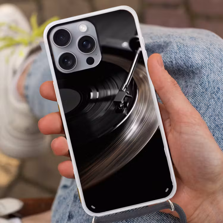 Close-up - Vinylplaat - Platenspeler - Zwart Hoesje iPhone 16 Pro Max met koord klein -sfeer3