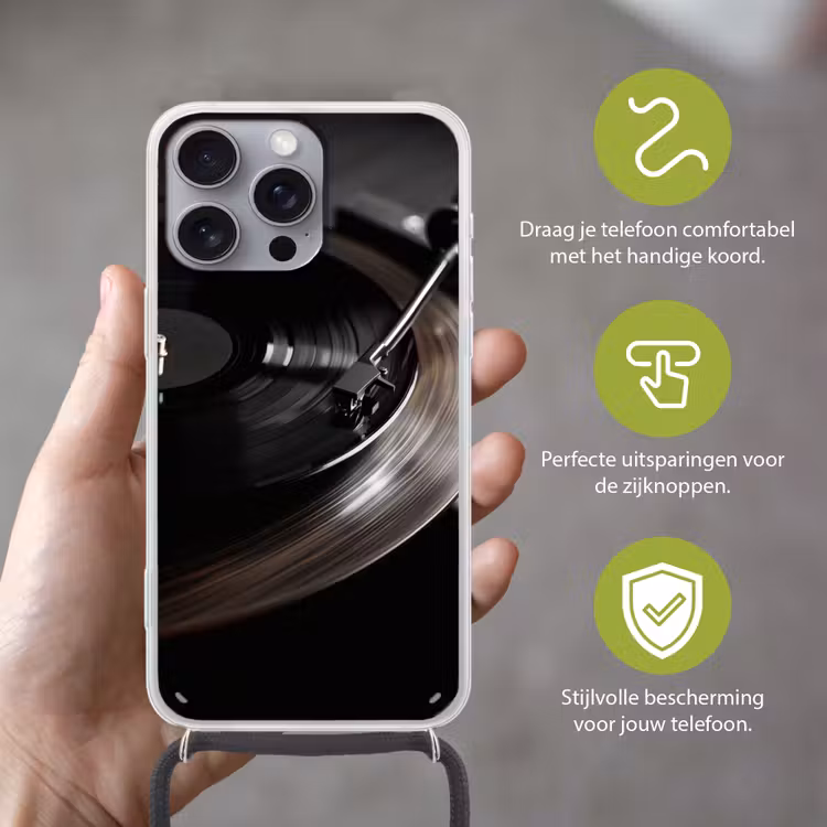 Close-up - Vinylplaat - Platenspeler - Zwart Hoesje iPhone 16 Pro Max met koord klein -sfeer2_NL