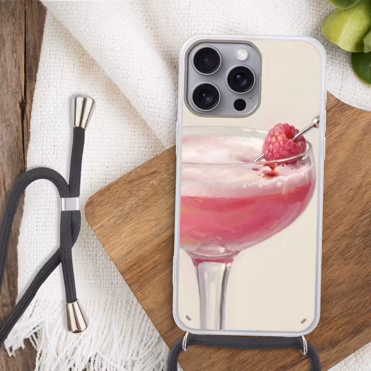 Cocktail - Framboos - Drank - Modern - Roze Hoesje iPhone 16 Pro Max met koord klein -sfeer4