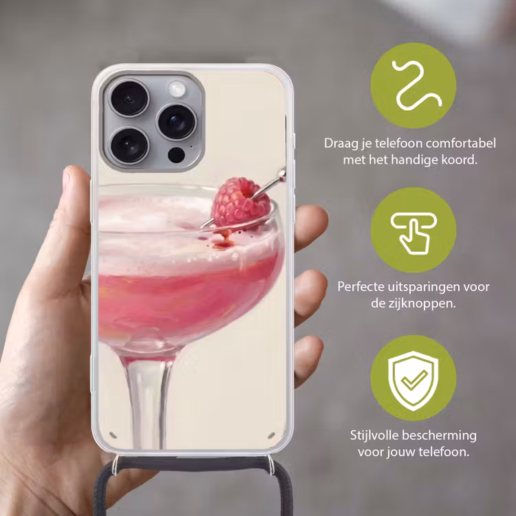 Cocktail - Framboos - Drank - Modern - Roze Hoesje iPhone 16 Pro Max met koord klein -sfeer2_NL
