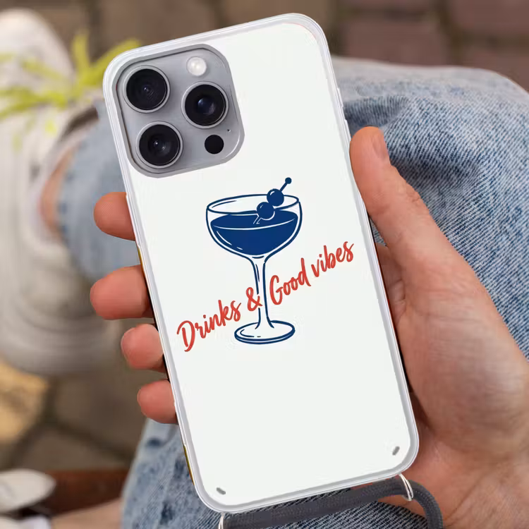 Cocktail - Glas - Illustratie - Blauw - Wit Hoesje iPhone 16 Pro Max met koord klein -sfeer3