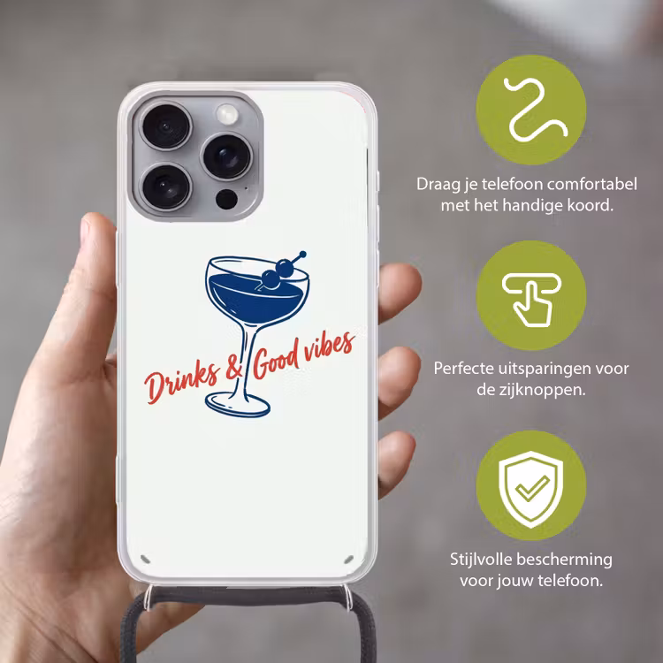 Cocktail - Glas - Illustratie - Blauw - Wit Hoesje iPhone 16 Pro Max met koord klein -sfeer2_NL
