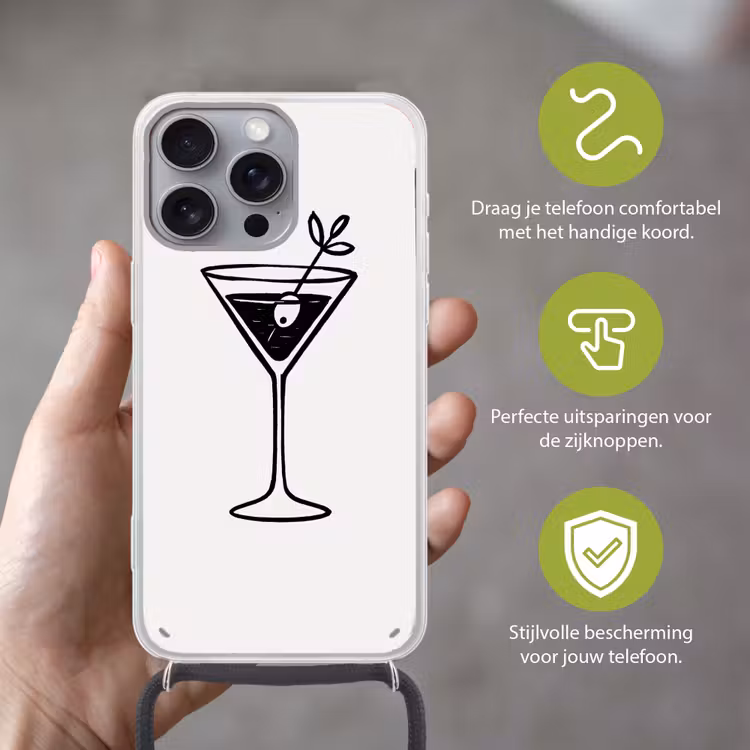 Cocktail - Glas - Olijf - Minimalistisch Hoesje iPhone 16 Pro Max met koord klein -sfeer2_NL