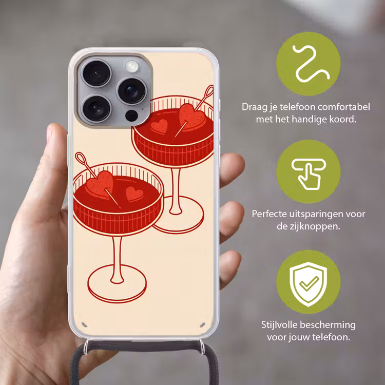 Cocktail - Hartjes - Liefde - Illustratie - Rood Hoesje iPhone 16 Pro Max met koord klein -sfeer2_NL