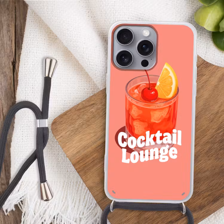 Cocktail Lounge - Glas - Koraal Hoesje iPhone 16 Pro Max met koord klein -sfeer4