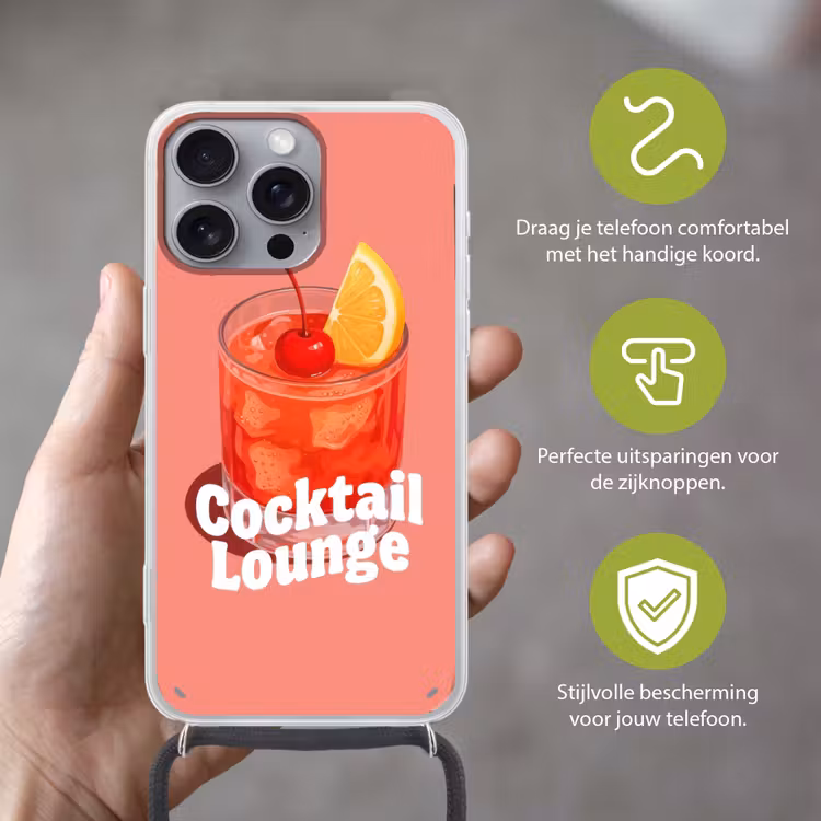 Cocktail Lounge - Glas - Koraal Hoesje iPhone 16 Pro Max met koord klein -sfeer2_NL