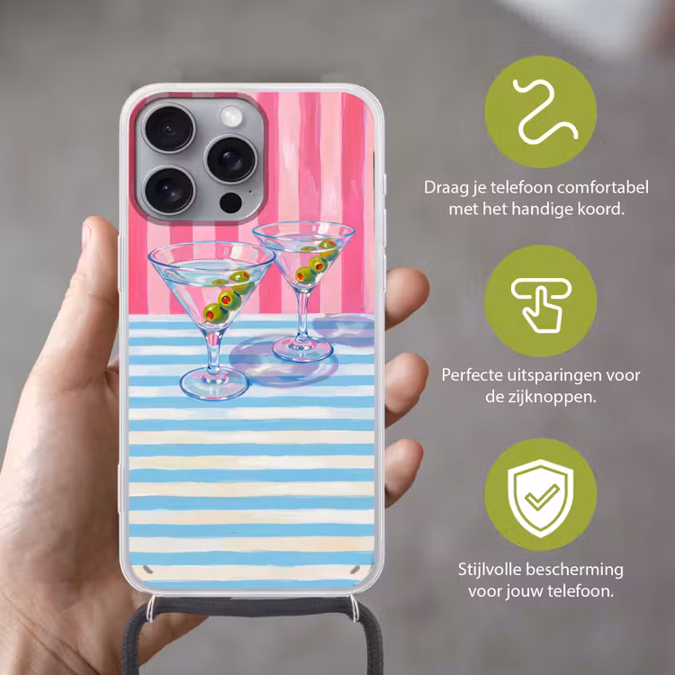 Cocktail - Olijven - Kunst - Modern - Roze Hoesje iPhone 16 Pro Max met koord klein -sfeer2_NL
