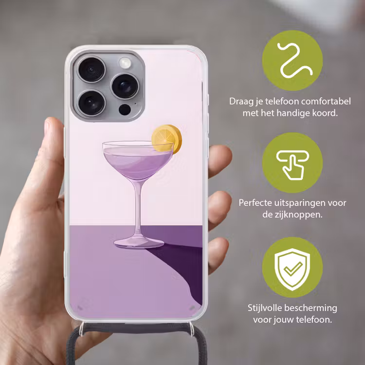 Cocktail - Paars - Minimalistisch - Citroen Hoesje iPhone 16 Pro Max met koord klein -sfeer2_NL