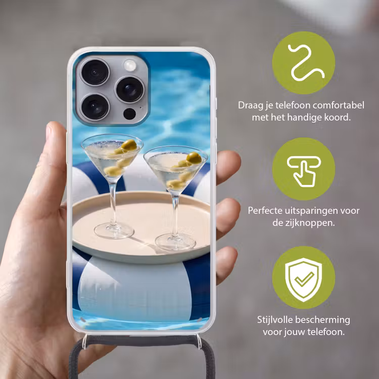 Cocktail - Zwembad - Zomer - Blauw Hoesje iPhone 16 Pro Max met koord klein -sfeer2_NL