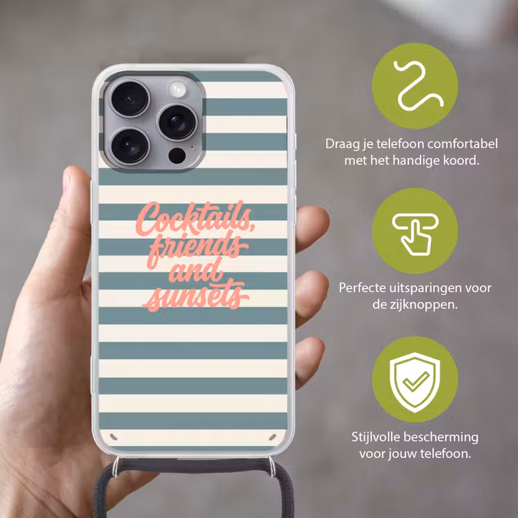 Cocktails - Strepen - Blauw - Koraal Hoesje iPhone 16 Pro Max met koord klein -sfeer2_NL