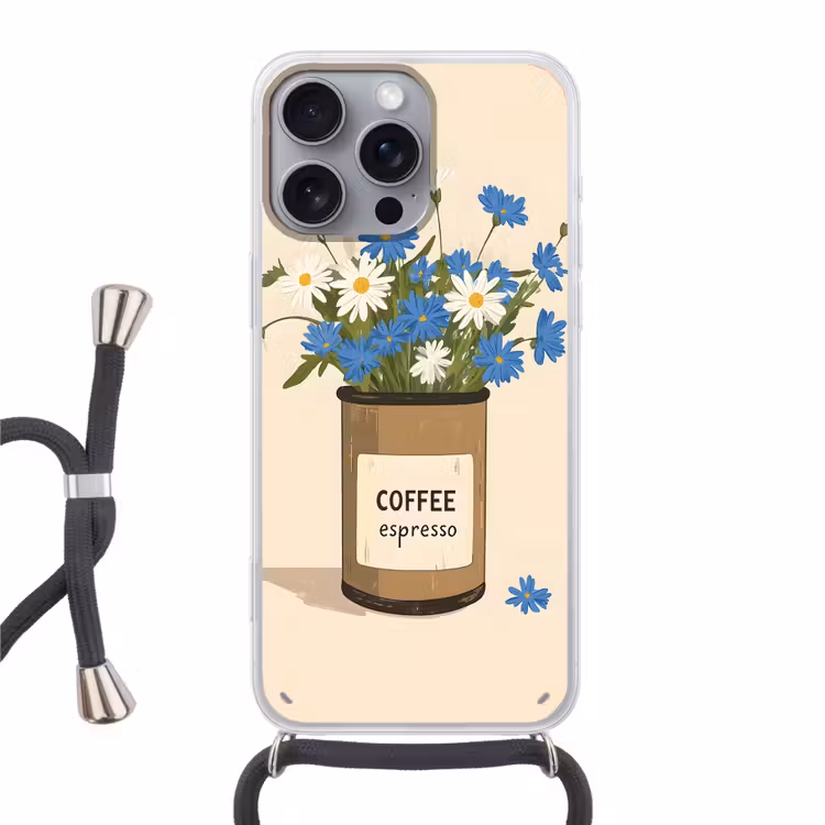 Coffee - Blik - Minimalistisch - Bloemen Hoesje iPhone 16 Pro Max met koord klein -3d