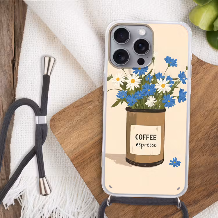 Coffee - Blik - Minimalistisch - Bloemen Hoesje iPhone 16 Pro Max met koord klein -sfeer4