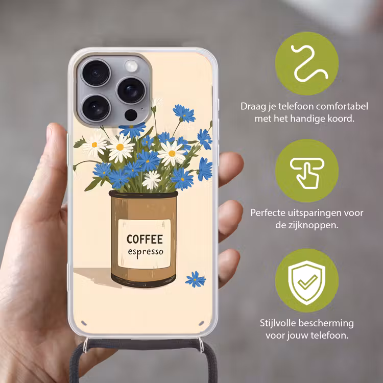 Coffee - Blik - Minimalistisch - Bloemen Hoesje iPhone 16 Pro Max met koord klein -sfeer2_NL