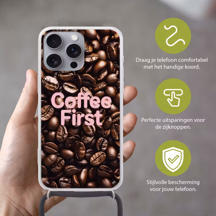 Coffee First - Koffiebonen - Roze Hoesje iPhone 16 Pro Max met koord klein -sfeer2_NL