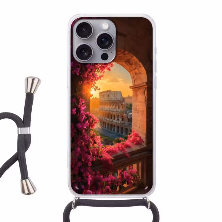 Colosseum - Rome - Roze Bloemen Hoesje iPhone 16 Pro Max met koord klein -3d