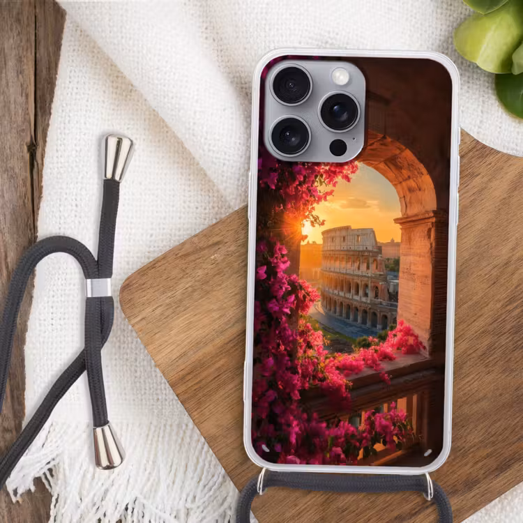 Colosseum - Rome - Roze Bloemen Hoesje iPhone 16 Pro Max met koord klein -sfeer4