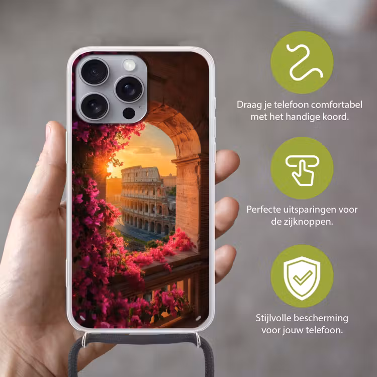 Colosseum - Rome - Roze Bloemen Hoesje iPhone 16 Pro Max met koord klein -sfeer2_NL