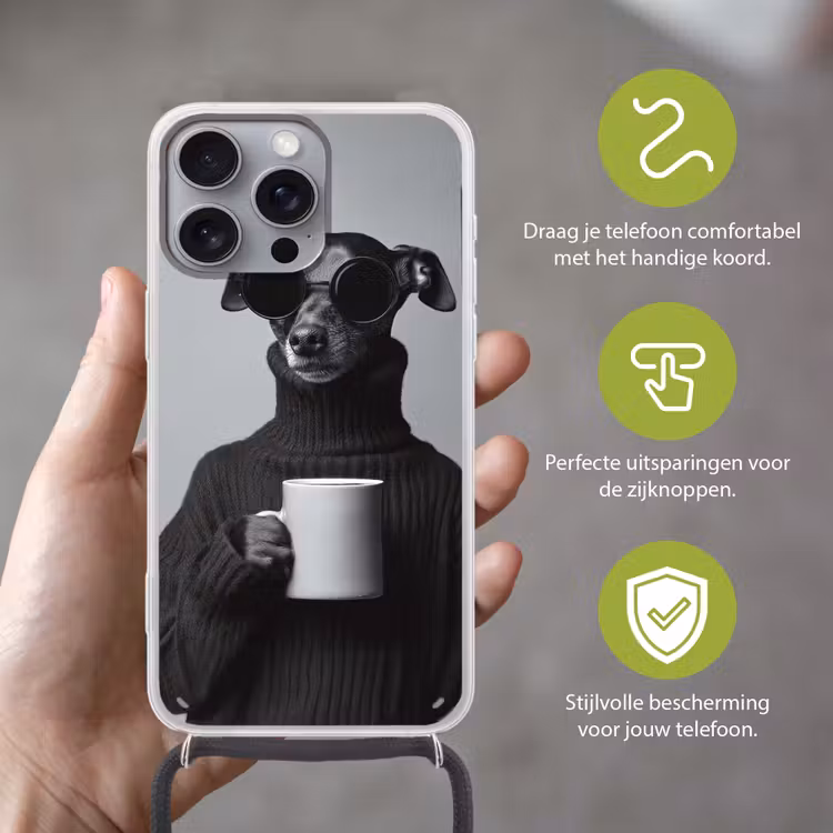 Coltrui - Hond - Bril - Mok Hoesje iPhone 16 Pro Max met koord klein -sfeer2_NL