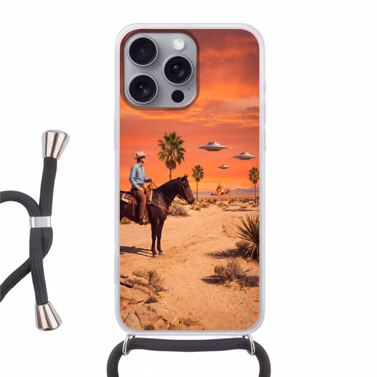 Telefoonhoesje met koord - Cowboy - Paard - Woestijn - Cowboy - Paard - Woestijn Hoesje iPhone 16 Pro Max met koord klein