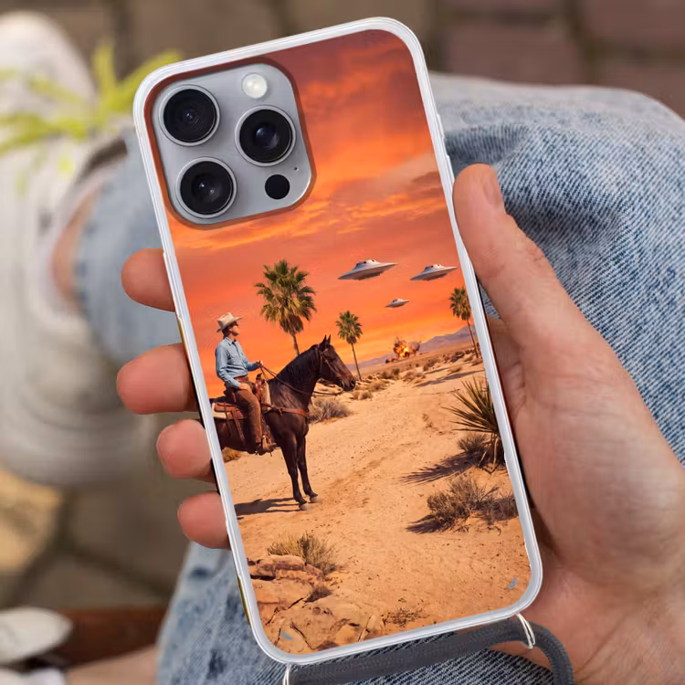 Telefoonhoesje met koord - Cowboy - Paard - Woestijn - Cowboy - Paard - Woestijn Hoesje iPhone 16 Pro Max met koord klein