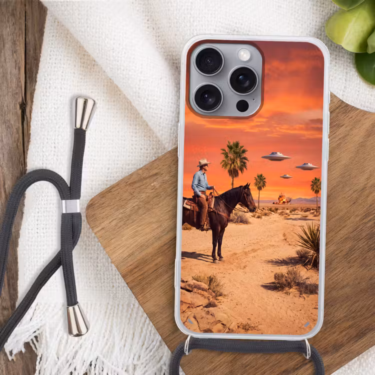 Telefoonhoesje met koord - Cowboy - Paard - Woestijn - Cowboy - Paard - Woestijn Hoesje iPhone 16 Pro Max met koord klein