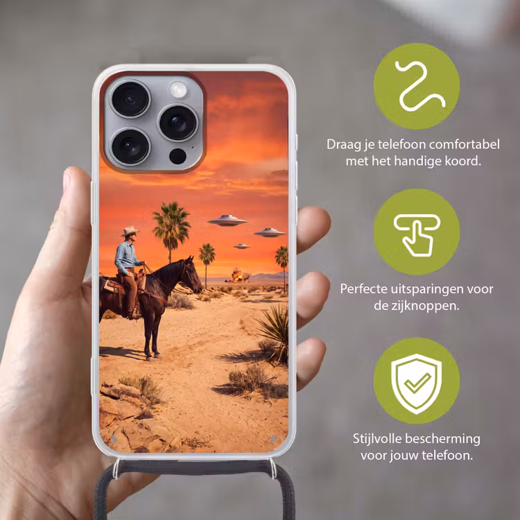 Telefoonhoesje met koord - Cowboy - Paard - Woestijn - Cowboy - Paard - Woestijn Hoesje iPhone 16 Pro Max met koord klein