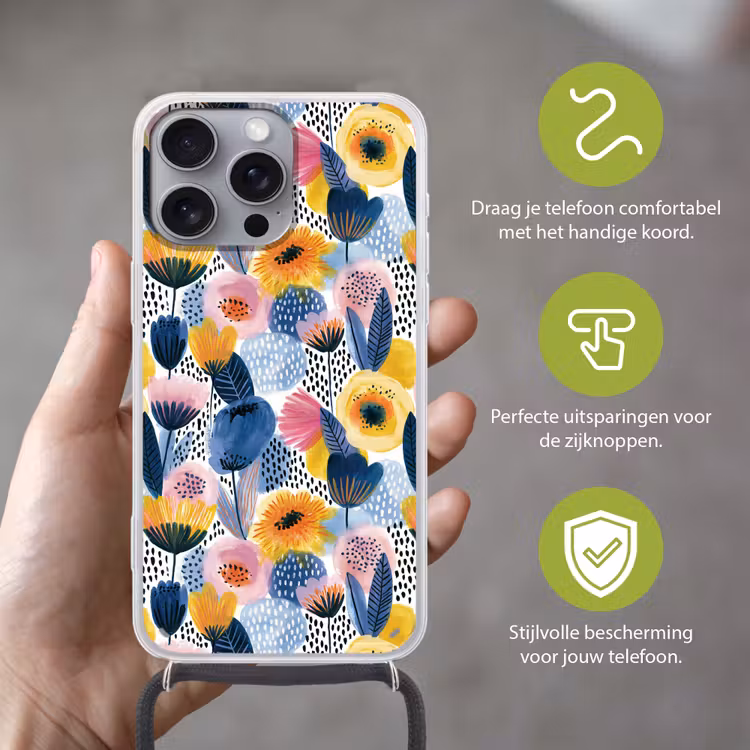 Creatief - Patroon - Kleurrijk Hoesje iPhone 16 Pro Max met koord klein 804 -sfeer2_NL