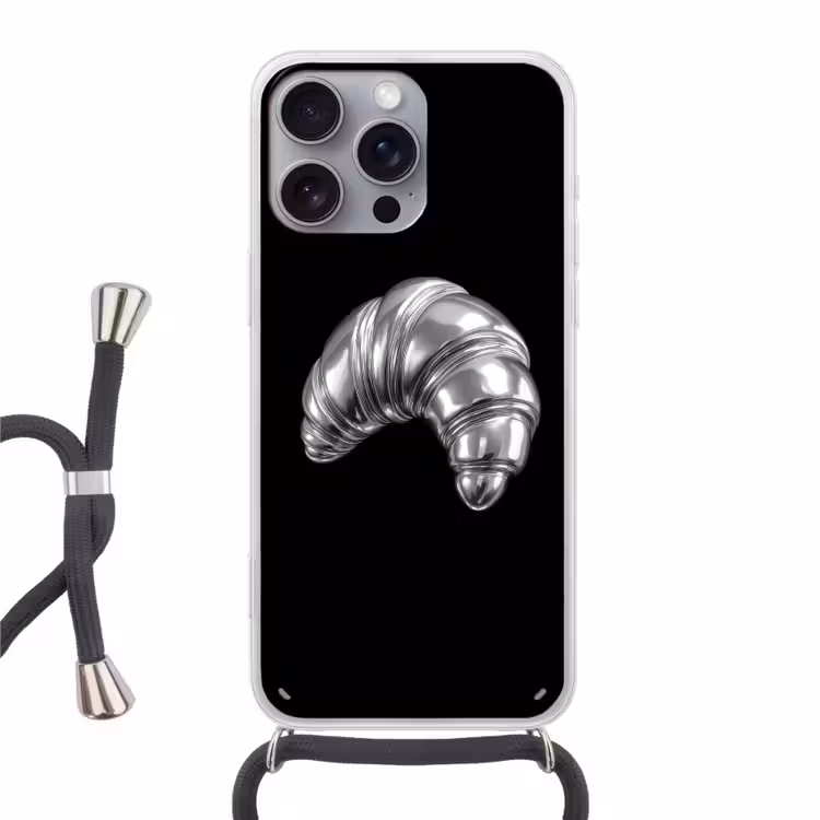 Croissant - Metaal - Zilver Hoesje iPhone 16 Pro Max met koord klein -3d