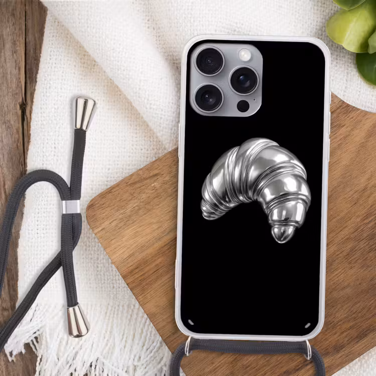 Croissant - Metaal - Zilver Hoesje iPhone 16 Pro Max met koord klein -sfeer4