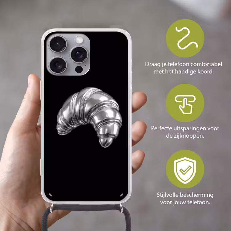 Croissant - Metaal - Zilver Hoesje iPhone 16 Pro Max met koord klein -sfeer2_NL