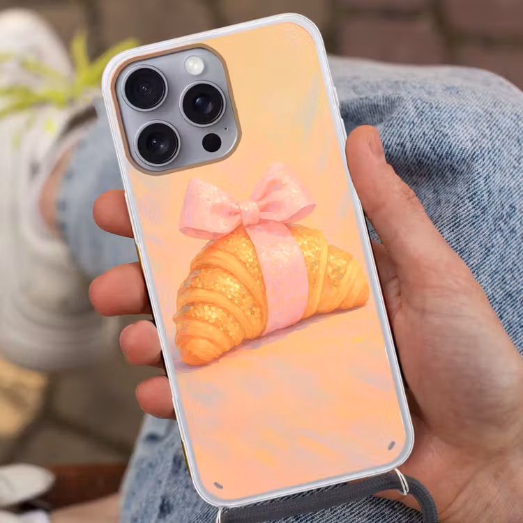 Croissant - Strik - Roze Hoesje iPhone 16 Pro Max met koord klein -sfeer3