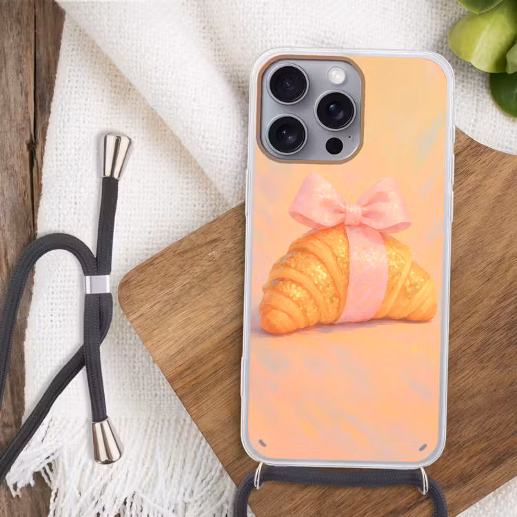 Croissant - Strik - Roze Hoesje iPhone 16 Pro Max met koord klein -sfeer4