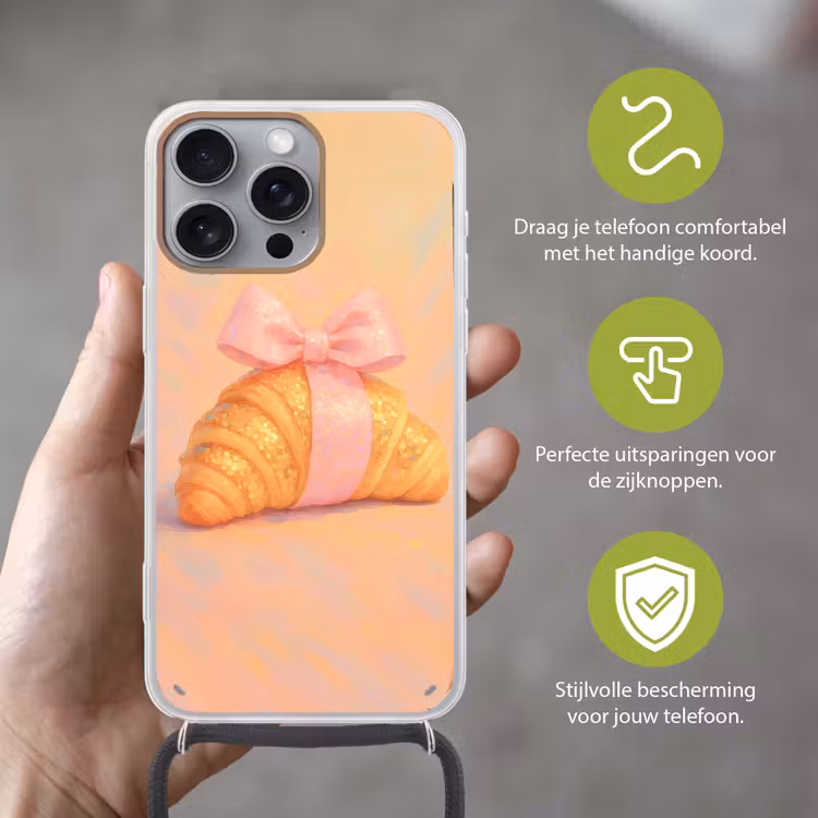 Croissant - Strik - Roze Hoesje iPhone 16 Pro Max met koord klein -sfeer2_NL