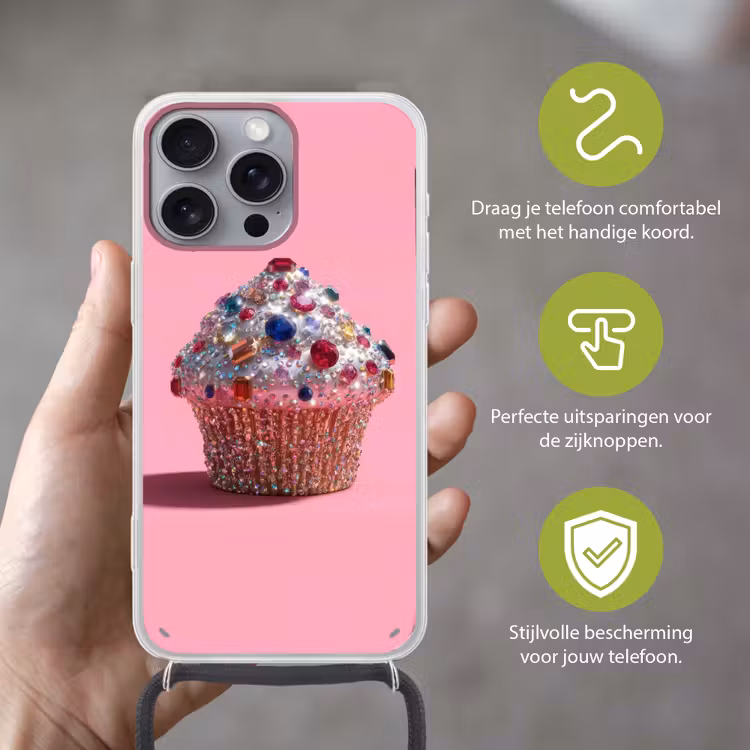 Cupcake - Kleurrijk - Edelstenen Hoesje iPhone 16 Pro Max met koord klein -sfeer2_NL
