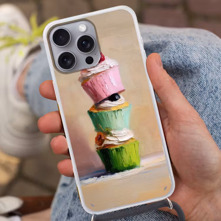 Cupcakes - Gestapeld - Kleurrijk - Fruit Hoesje iPhone 16 Pro Max met koord klein -sfeer3