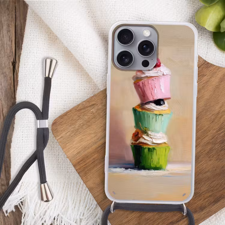 Cupcakes - Gestapeld - Kleurrijk - Fruit Hoesje iPhone 16 Pro Max met koord klein -sfeer4