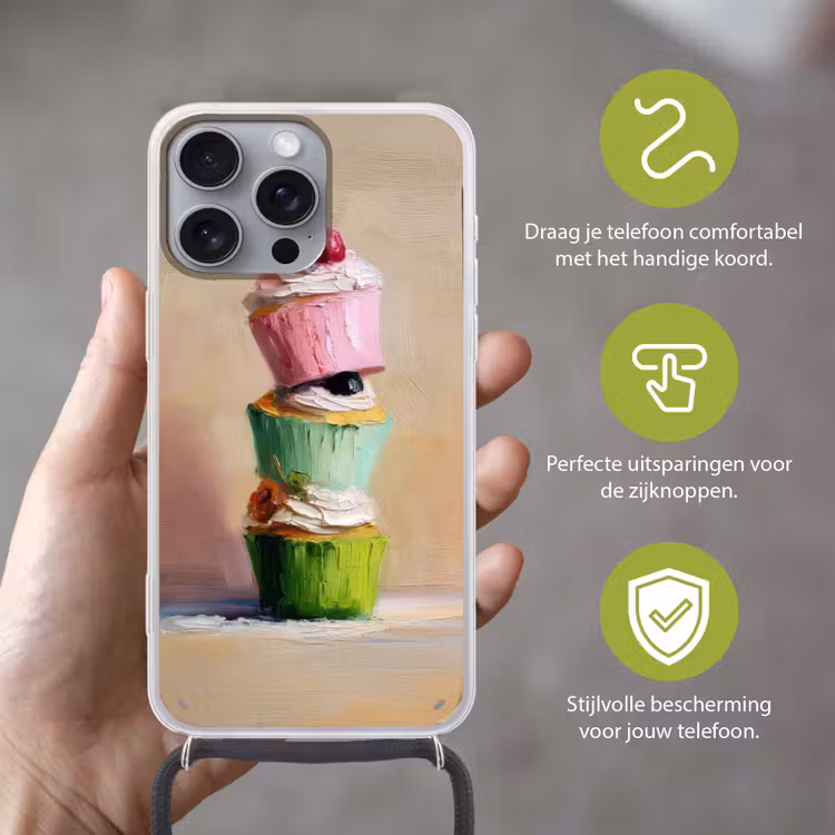 Cupcakes - Gestapeld - Kleurrijk - Fruit Hoesje iPhone 16 Pro Max met koord klein -sfeer2_NL