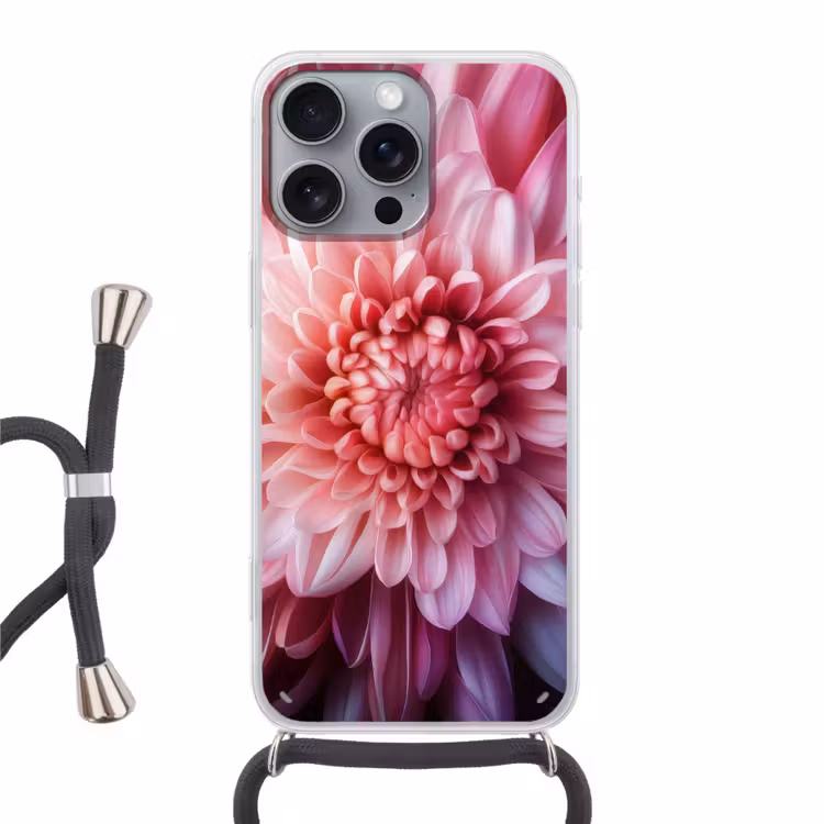 Dahlia - Bloem - Close up - Roze Hoesje iPhone 16 Pro Max met koord klein -3d