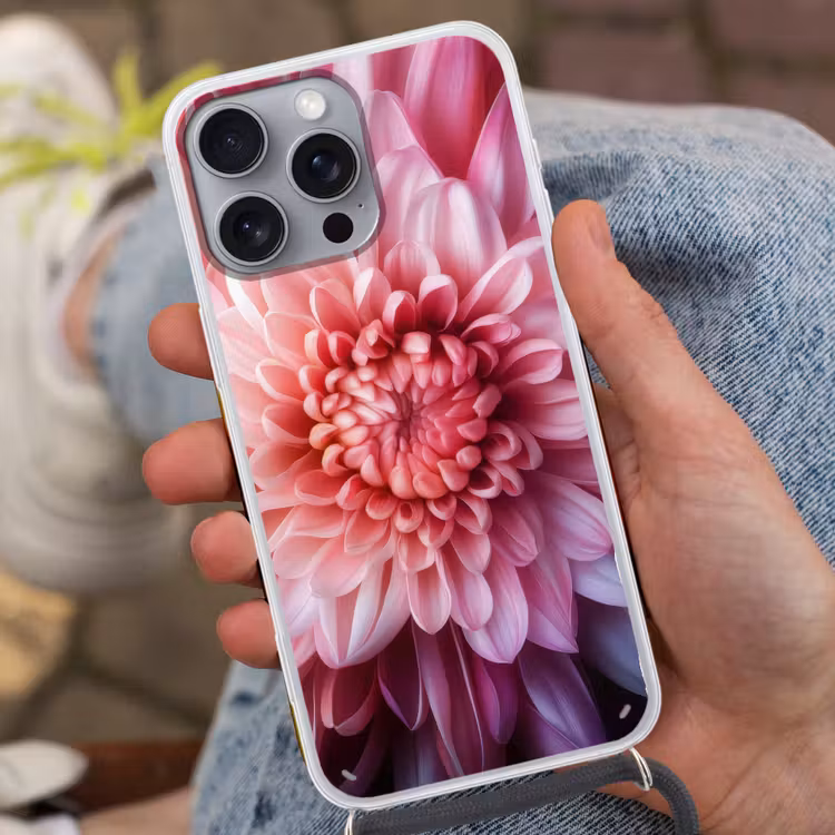 Dahlia - Bloem - Close up - Roze Hoesje iPhone 16 Pro Max met koord klein -sfeer3