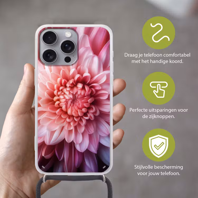 Dahlia - Bloem - Close up - Roze Hoesje iPhone 16 Pro Max met koord klein -sfeer2_NL