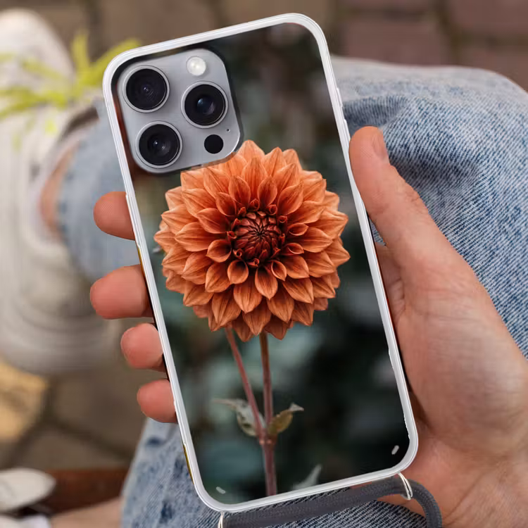 Dahlia - Bloem - Natuur - Sfeervol Hoesje iPhone 16 Pro Max met koord klein -sfeer3