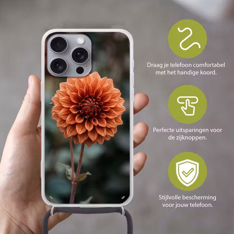 Dahlia - Bloem - Natuur - Sfeervol Hoesje iPhone 16 Pro Max met koord klein -sfeer2_NL