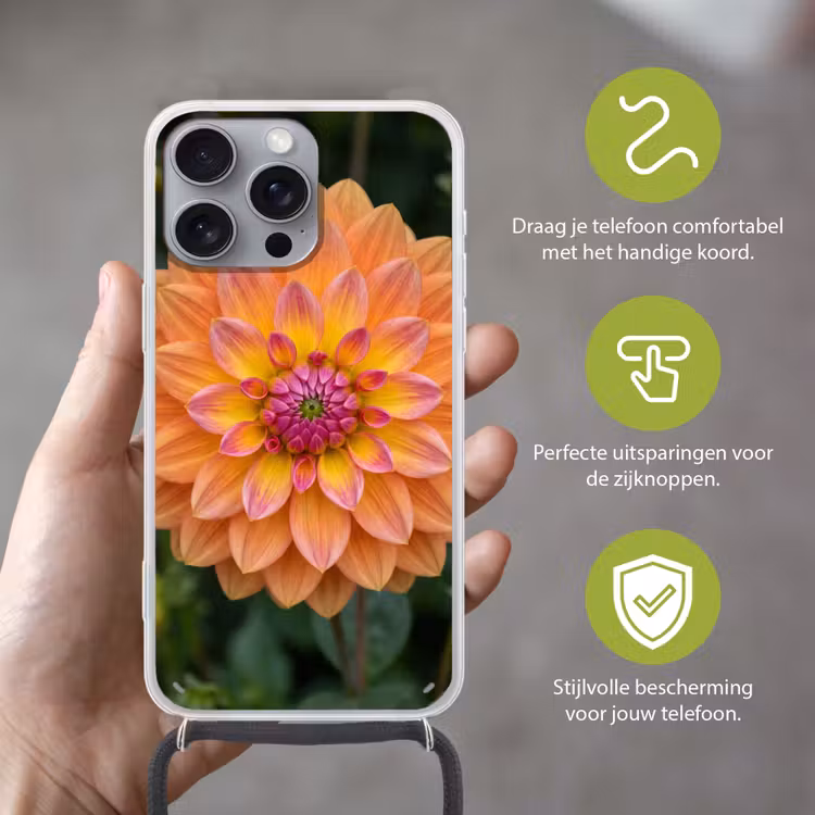Dahlia - Bloem - Oranje Hoesje iPhone 16 Pro Max met koord klein -sfeer2_NL