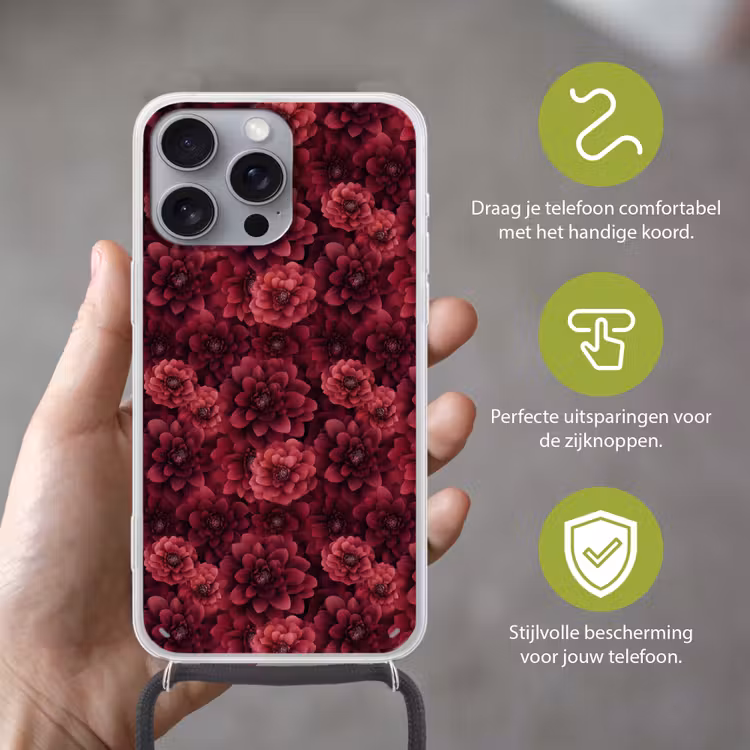 Dahlias - Bloemen - Rood Hoesje iPhone 16 Pro Max met koord klein 804 -sfeer2_NL