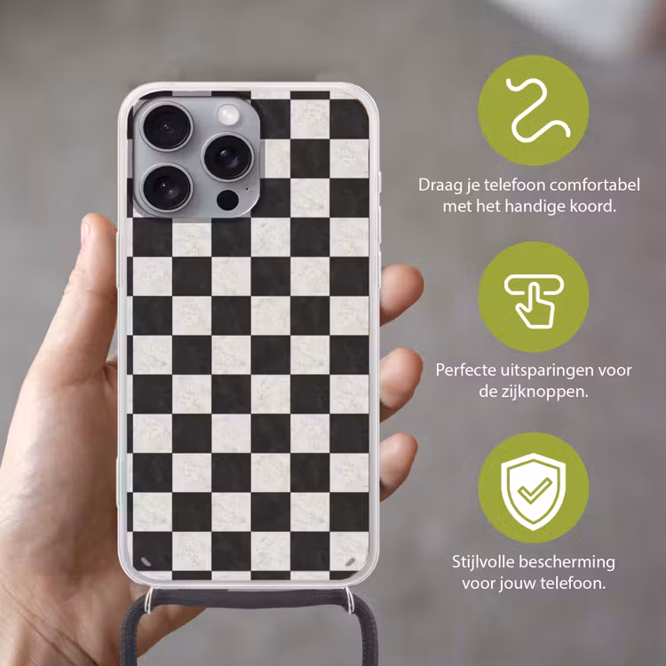 Dambord - Marmer - Zwart - Wit Hoesje iPhone 16 Pro Max met koord klein 804 -sfeer2_NL
