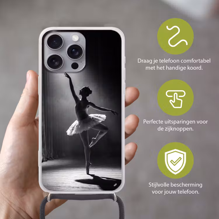 Danser - Podium - Zwart-wit - Kunst - Klassiek Hoesje iPhone 16 Pro Max met koord klein -sfeer2_NL