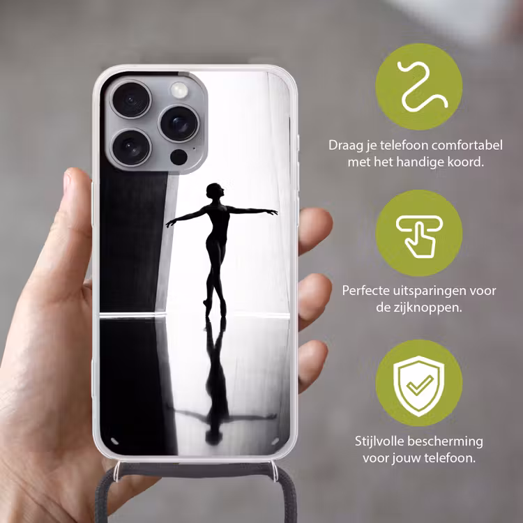 Danser - Silhouette - Kunst - Modern - Zwart-wit Hoesje iPhone 16 Pro Max met koord klein -sfeer2_NL